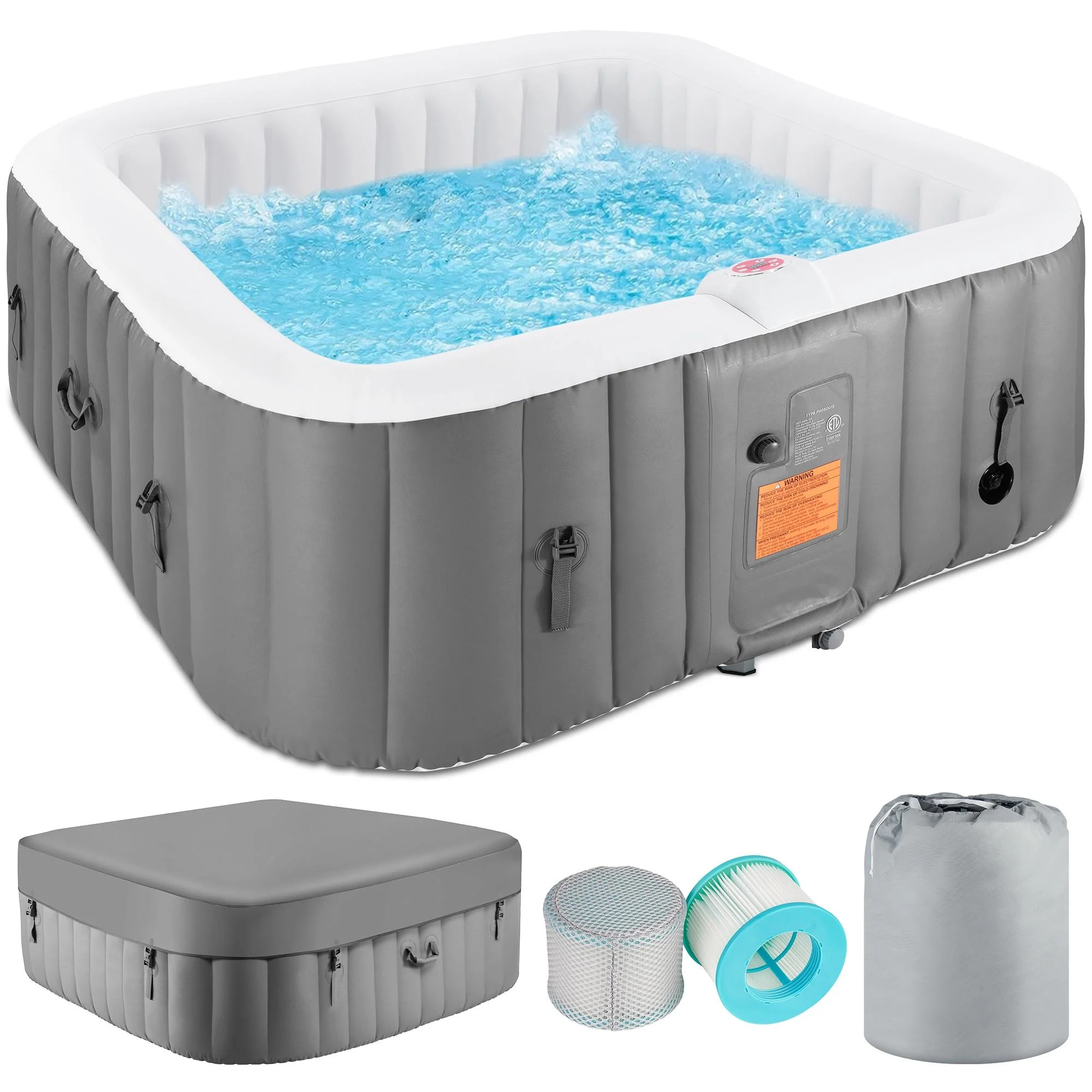 73 Inch 4-6 Person Inflatable Hot Tub Spa with Control Panel, Outdoor Portable Hottub with 130 Jets, Insulated Tub Cover and Floor Protector, Gray