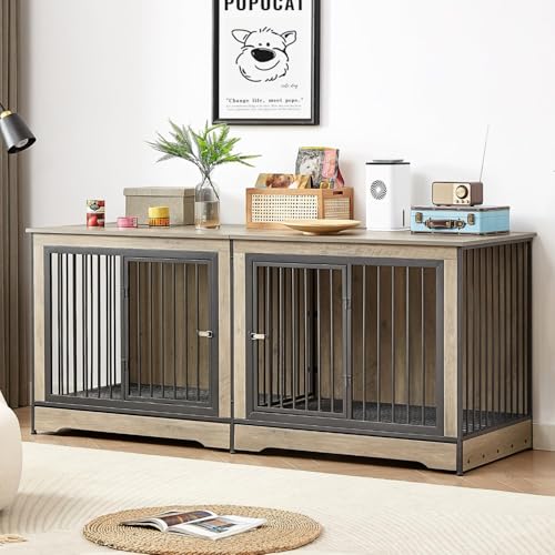 XL Double Large Dog Crate Furniture for 2 Dogs, Heavy Duty Dog Crate with Two Combined Rooms for Medium & Large Dogs