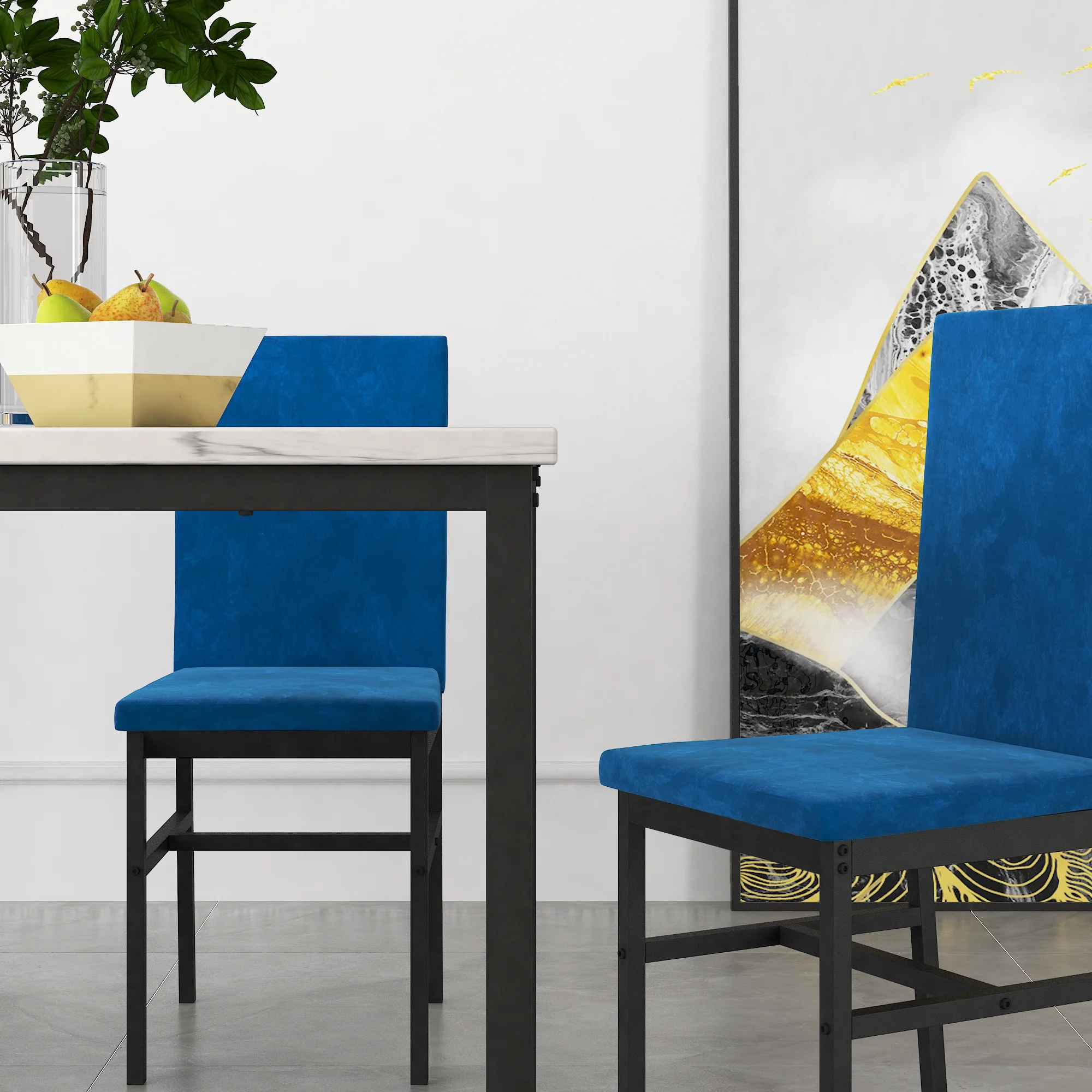 Modern Dining Set for 4, 5-Piece Dining Table and Chairs Set, 1 Table with White Marble Top, 4 Blue Velvet Chairs for Kitchen Dining Room Living Room