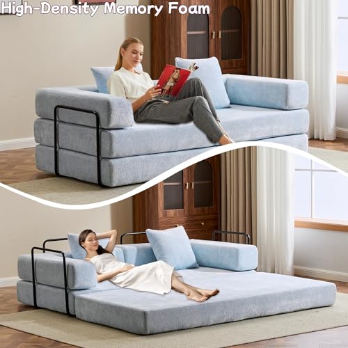 Convertible Floor Sofa Bed, Foldable Mattress Cloud Couch with Pillow Back & Armrest, Chenille Sleeper Sofa Bed with Fixed-Shape Frame