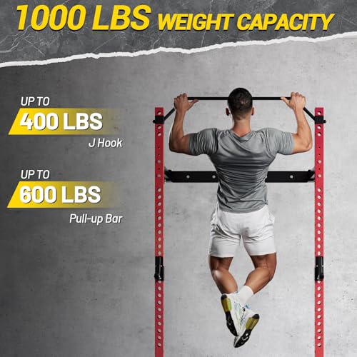 Folding Squat Rack for Home Gym, 2.36" x 2.36" Folding Power Rack with Pull Up Bar, J Hooks and Landmine Attachments