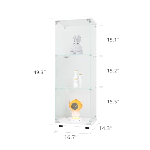 Glass Display Cabinet with 3 Shelves, One-Door Curio Cabinets for Living Room, Bedroom, Office, White Floor Standing Glass Bookshelf