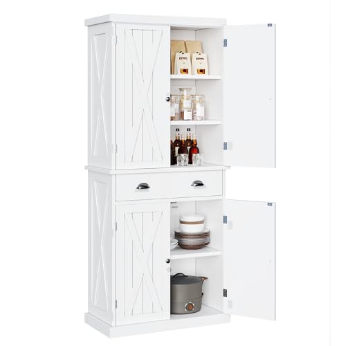 YITAHOME 72'' Tall Kitchen Pantry Cabinets, Farmhouse Storage Cabinets with Barn Doors, Drawer ＆ Adjustable Shelves