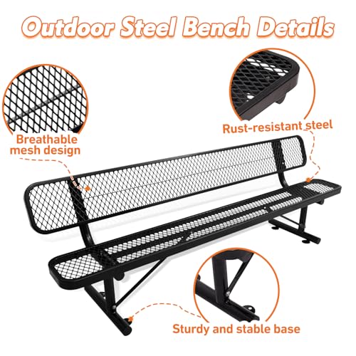 8FT Heavy Duty Park Bench with Back Portable Frame, Outdoor Metal Park Bench with Backrest, Steel Mesh Outdoor Bench for Garden, Lawn, Patio, Porch
