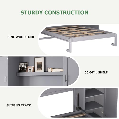 Polib Full Size Murphy Bed with Two Wardrobes and Storage Shelf, Space-Saving Wall Cabinet Bed with Foldable Platform Bedframe for Small Bedrooms