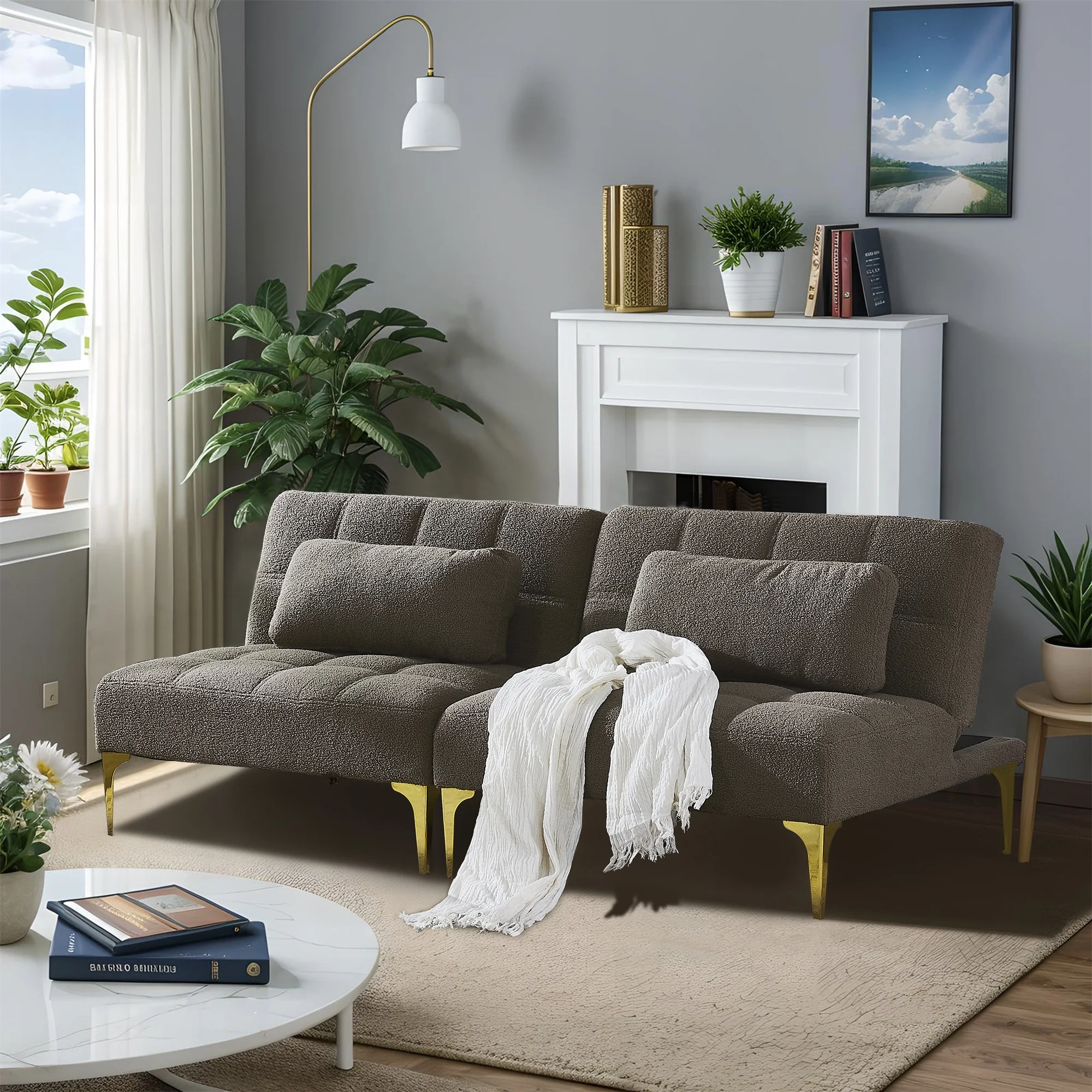 Gexpusm Futon Sofa Bed, Convertible Sleeper Sofa with Metal Legs, Modern Fabric Small Couch w/Adjustable Splitback ＆ 2 Pillows