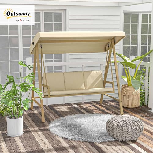 Outsunny 3-Seat Outdoor Porch Swing with Stand, Heavy Duty Patio Swing Chair with Adjustable Canopy, Removable Cushions