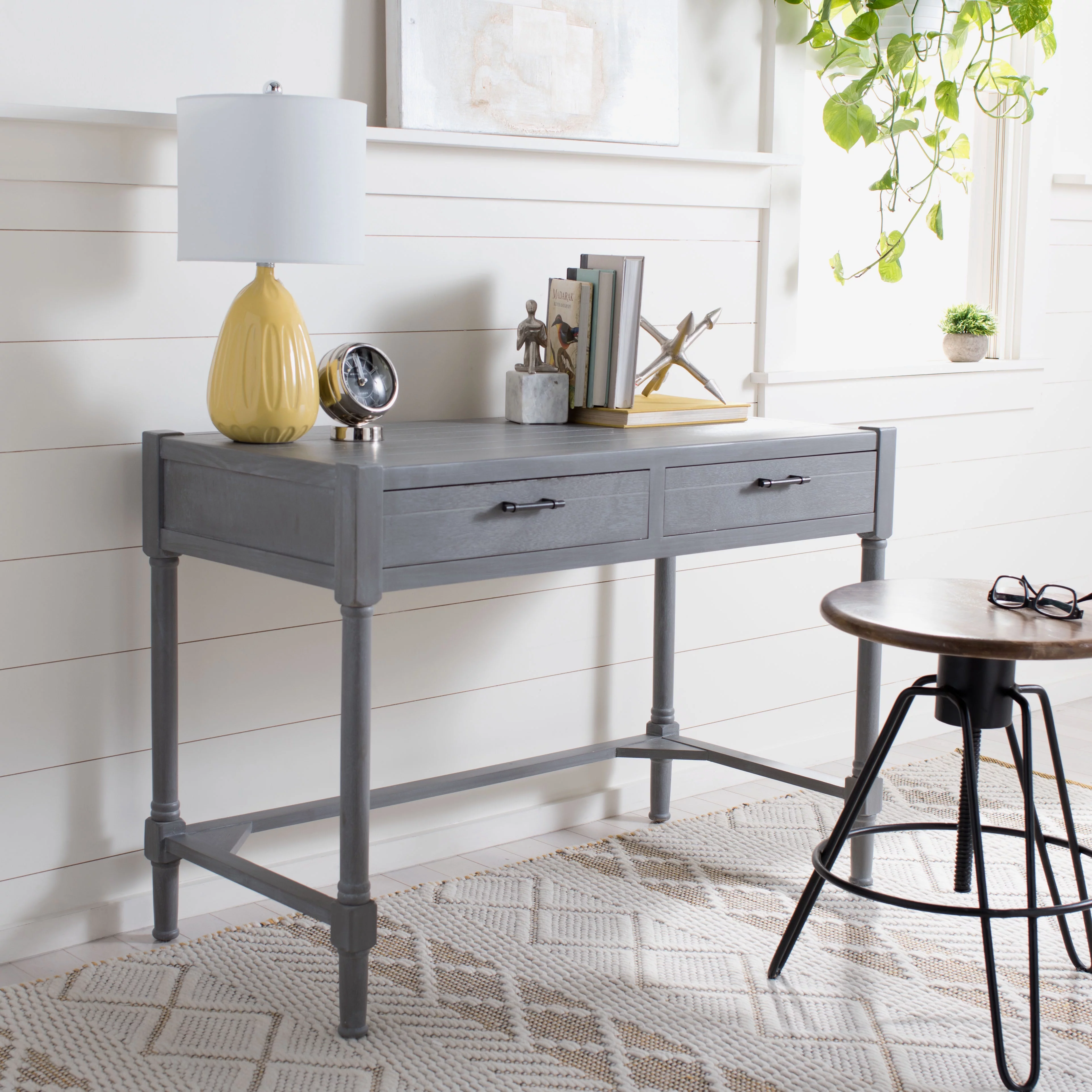 SAFAVIEH Filbert Solid Retro 2-Drawer Writing Desk, White Washed Grey