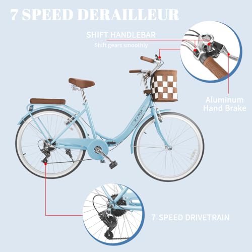 LayBurst Foldable Beach Cruiser Bike,Stylish 26-Inch Women's Bike with Front Basket,7-Speed,Classic Paint,Streamlined Design