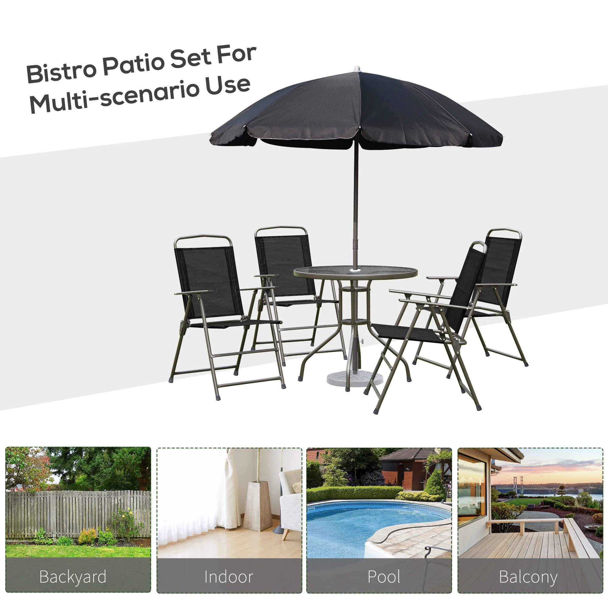 Outsunny 6 Piece Patio Dining Set for 4 with Umbrella, Outdoor Table and Chairs with 4 Folding Dining Chairs & Round Glass Table for Garden