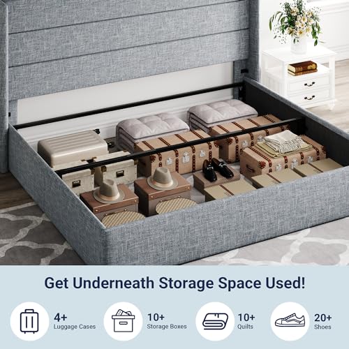 Allewie Full Size Lift Up Storage Bed, Modern Wingback Headboard, Hydraulic Support, No Box Spring Needed, Light Beige