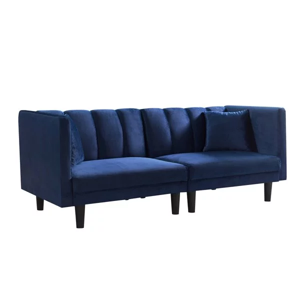 BSHTI 70 inch Futon Sofa Bed, 2 Pillows and Perfect Artificial Cushion Velvet Futon Sofa(Navy Blue)