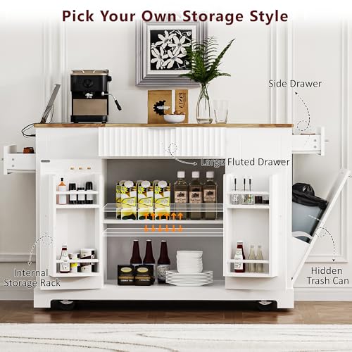 60" Kitchen Island with Drop Leaf and Power Outlet, Rolling Kitchen Cart on Wheels with Trash Can Storage Cabinet, Spice Rack