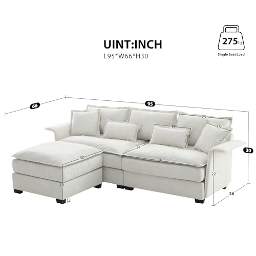 P PURLOVE Convertible Sectional Sofa Couch with Double Cushions, L Shape Couch with Ottoman, Bentwood Armrests for Living Room, Apartment