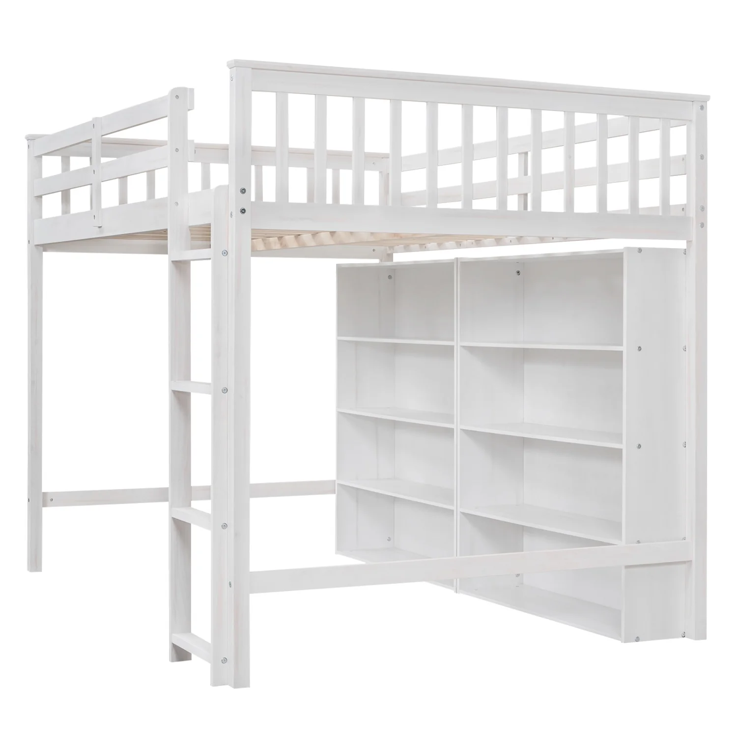 Churanty Wood Full Size Loft Bed with 8 Open Storage Shelves, Full Loft Bed Frame with Built-in Bookcase for Dorm Kids Teens, White