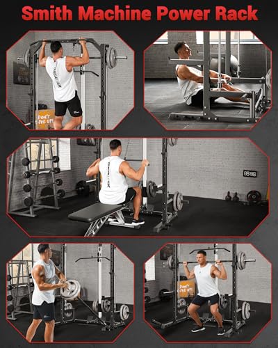 Smith Machine Home Gym with Barbell Bar, Cable System, Lat Pulldown Attachments, Safety Spotter Arms, J Hooks, Landmine