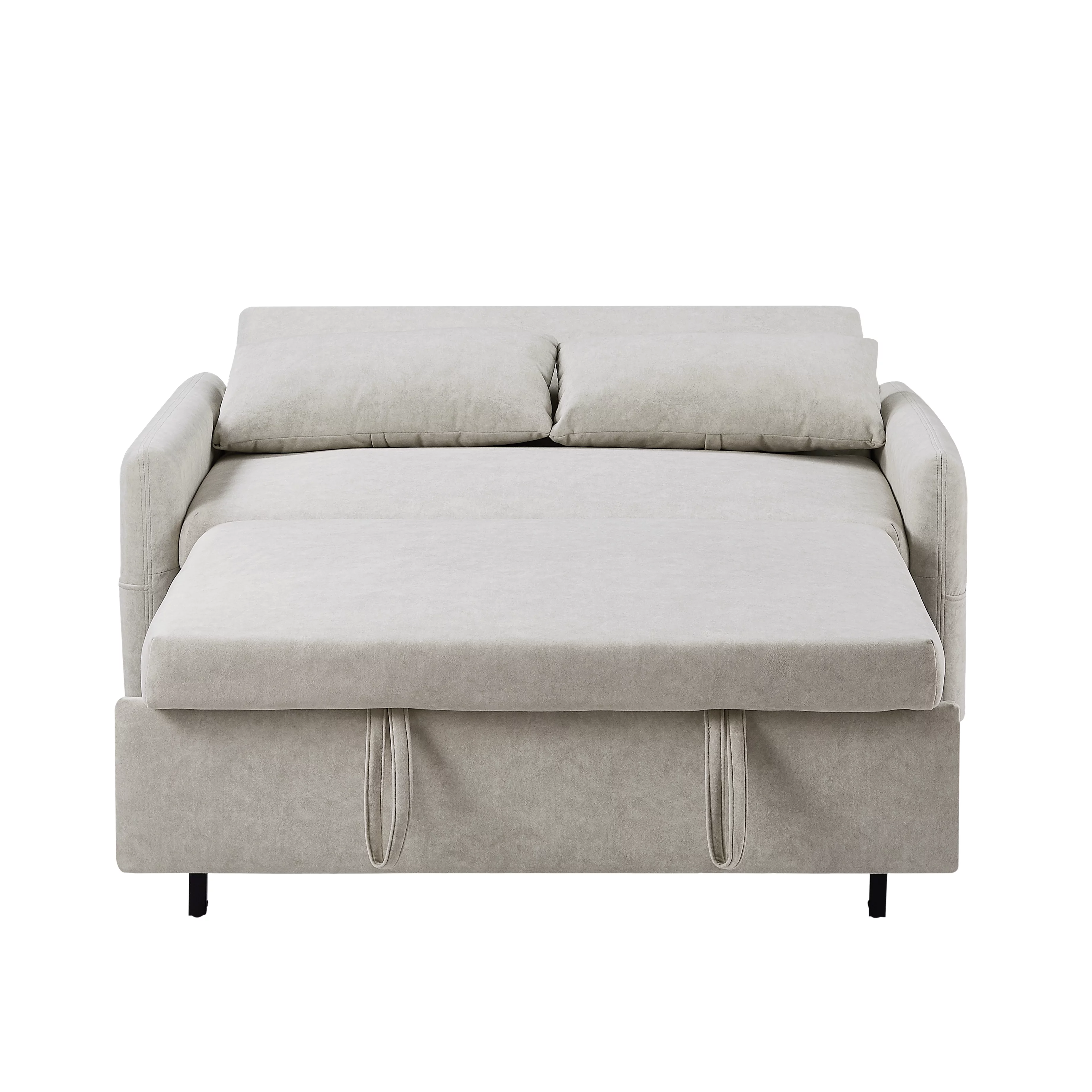Euroco 55" Loveseat with Pull Out Bed, Sleeper Sofa with Adjustable Backrest, 2 Seater Couch with Pillows, Storage Pockets for Living Room, Beige