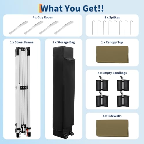 10'x10' Pop Up Canopy Tent with 4Pcs Sidewalls, Portable Instant Commercial Canopy with 4 Stakes, 4 Ropes, 4 Sandbags for Farmers'