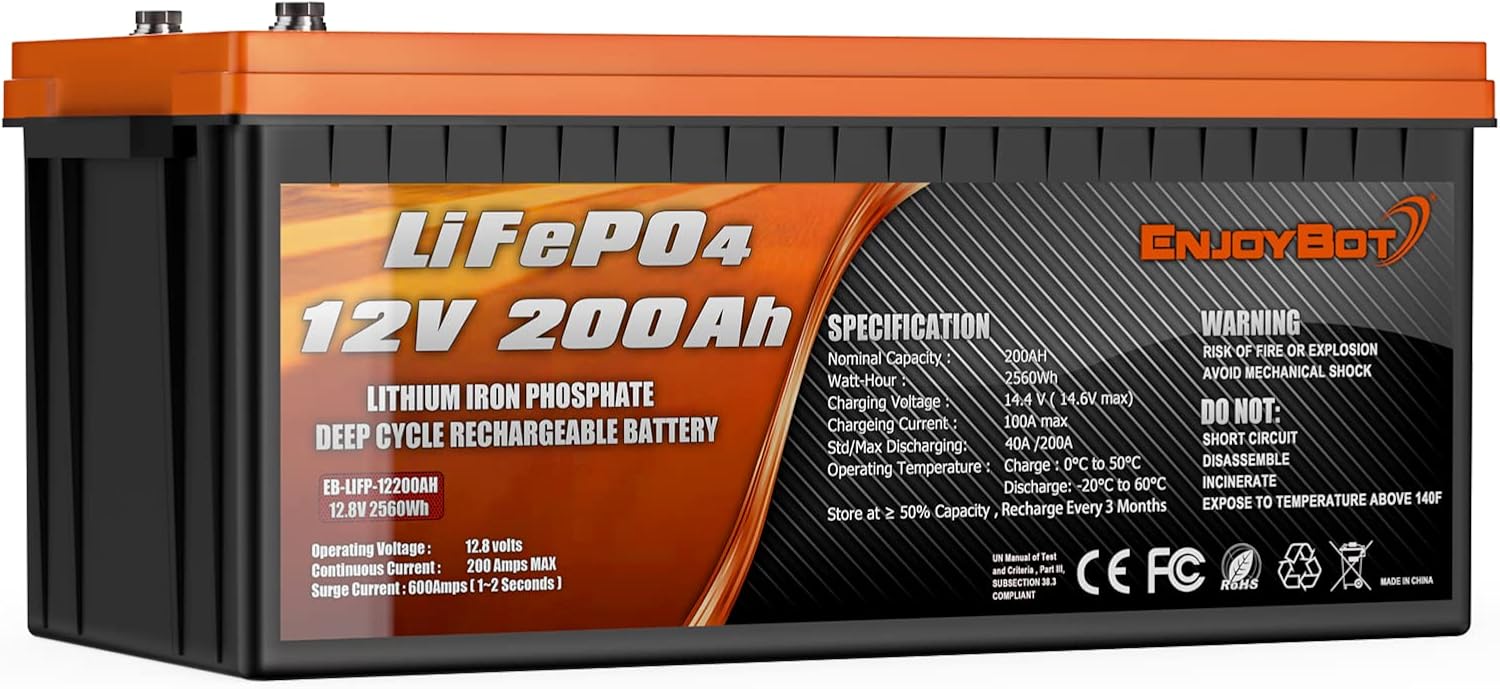 Enjoybot Deep Cycle Battery LiFePO4 12V 300Ah, Built-in 200A BMS, Lithium Iron Phosphate Battery for Solar RV Marine Camping