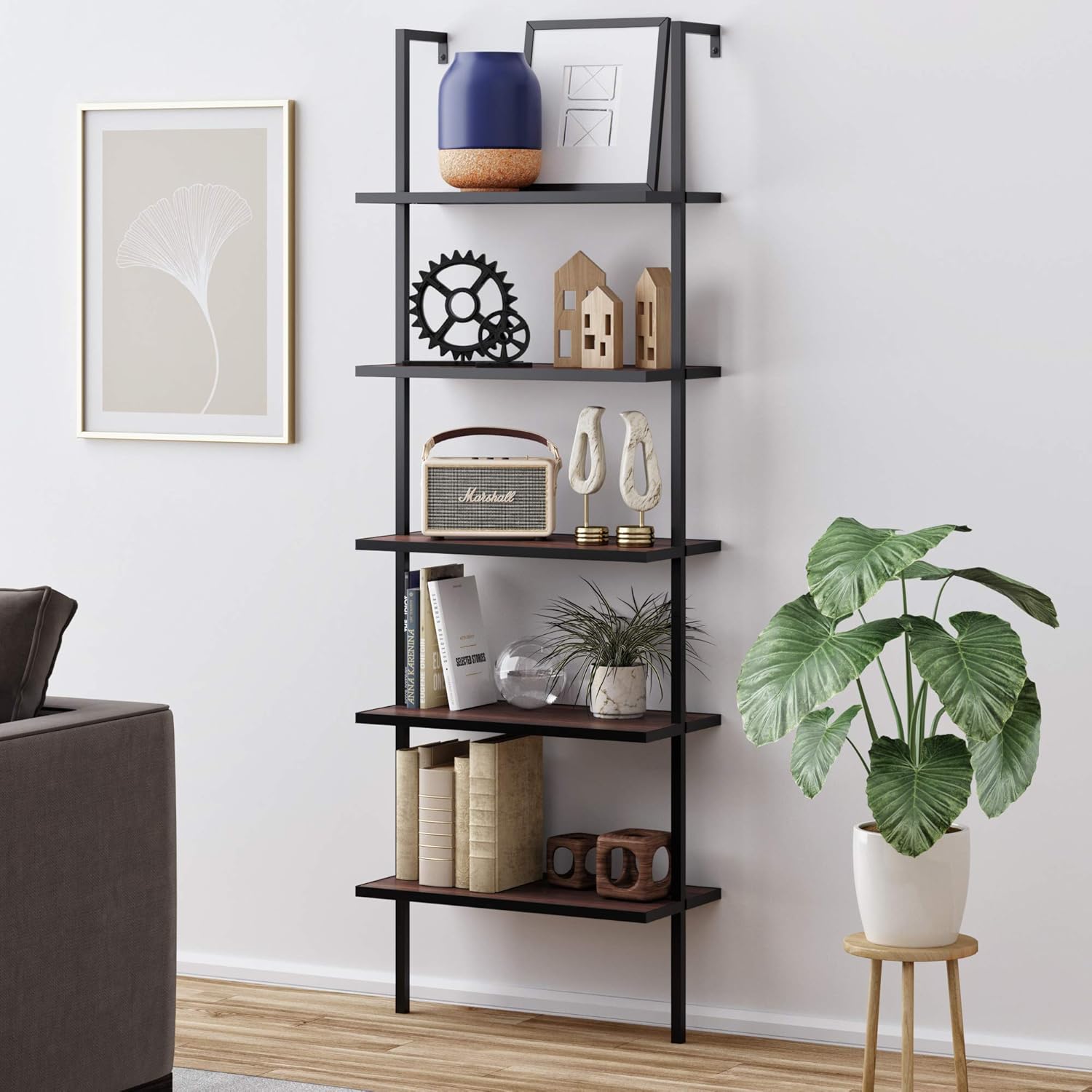 Nathan James Theo 5-Shelf Modern Bookcase, Open Wall Mount Ladder Bookshelf with Industrial Metal Frame, White/Gold