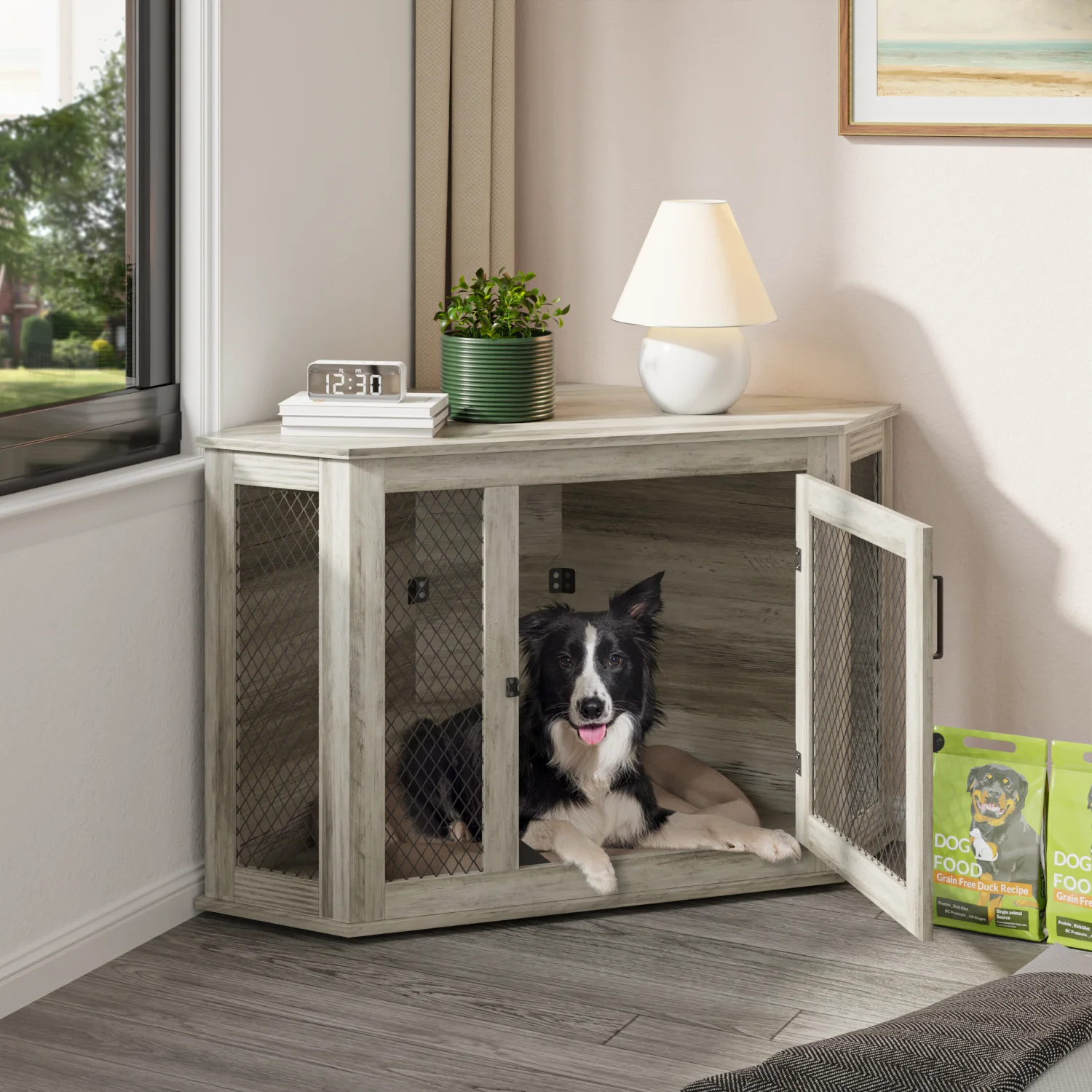 Bossin 44"Corner Dog Crate Furniture，Wooden Dog Kennel Indoor Furniture，Decorative Dog Crate