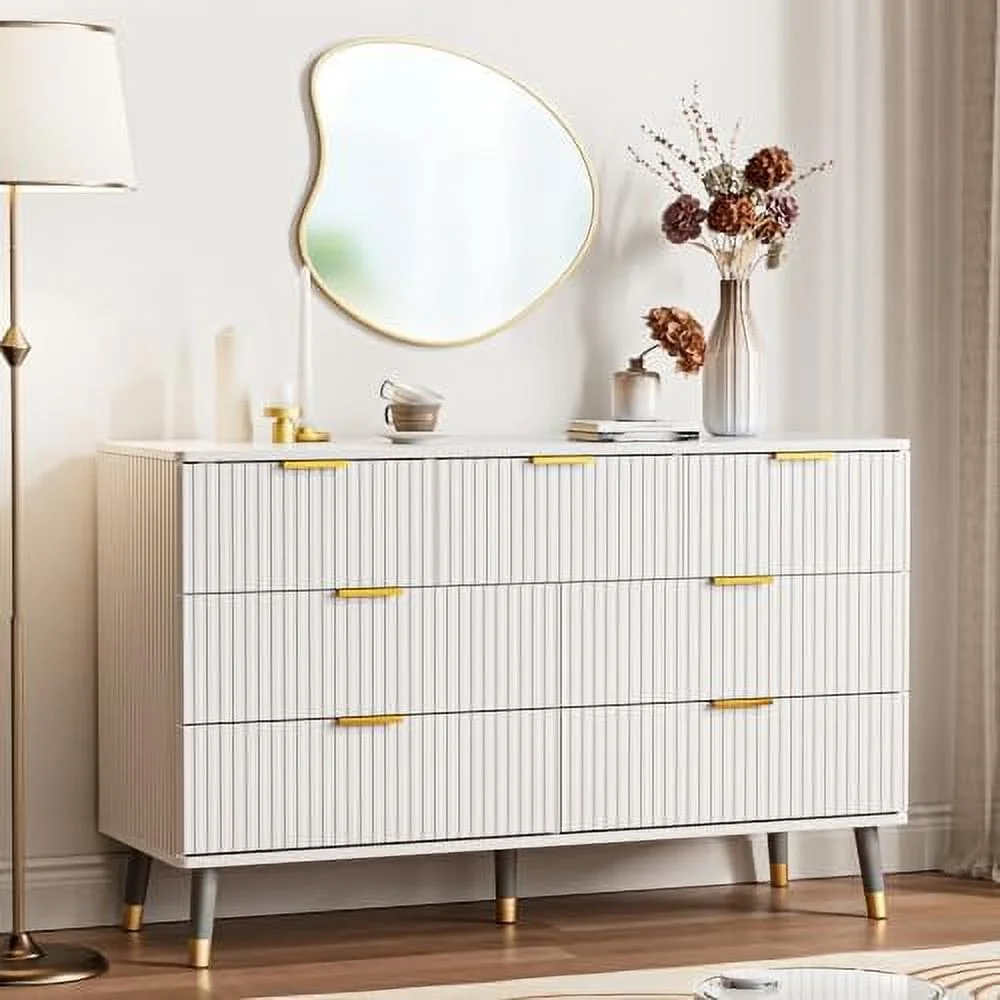 7 Drawer Dresser for Bedroom  Fluted White and Gold Dresser with Curved Profile Design   Dresser Wood  Dressers &amp