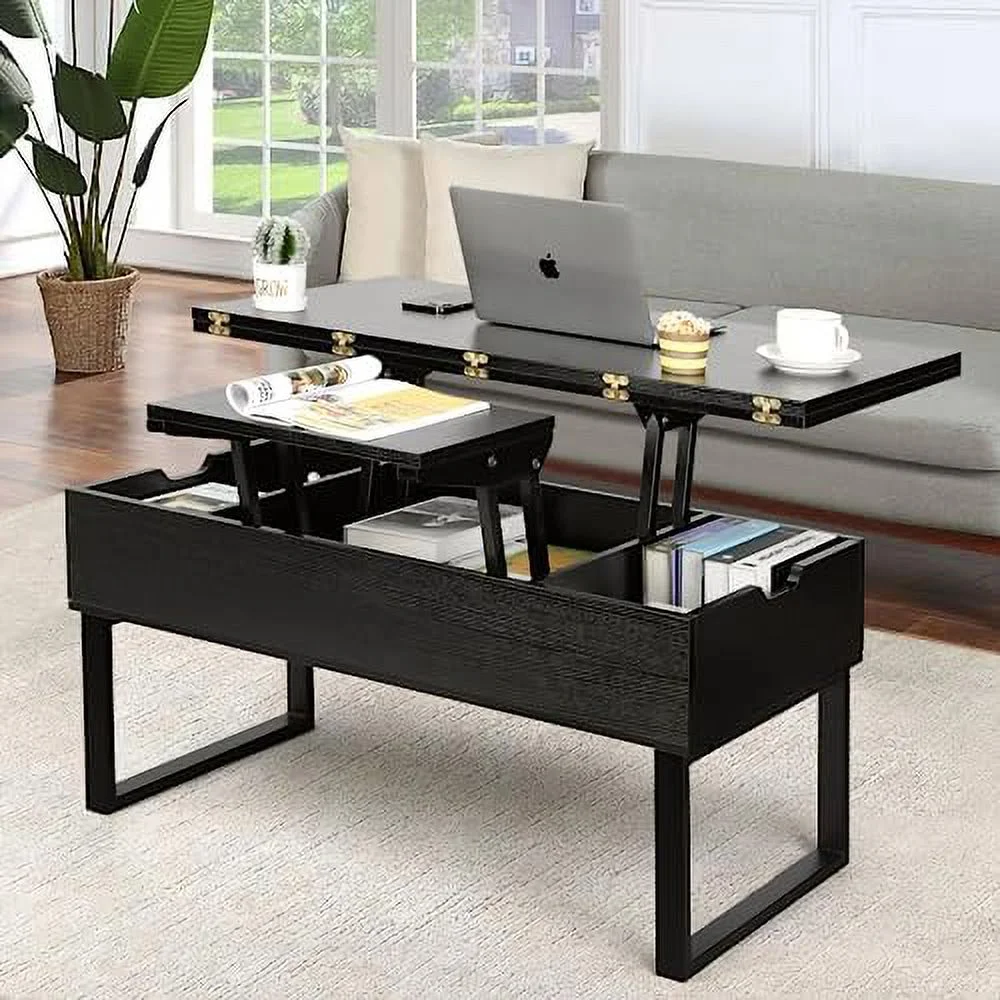 RUNFAYBIU Lift Top Coffee Table  4 in 1 Multi-  with  for Living Room  Modern Lift Dining Table with Shelves for Dining Reception Room  Rustic Brown