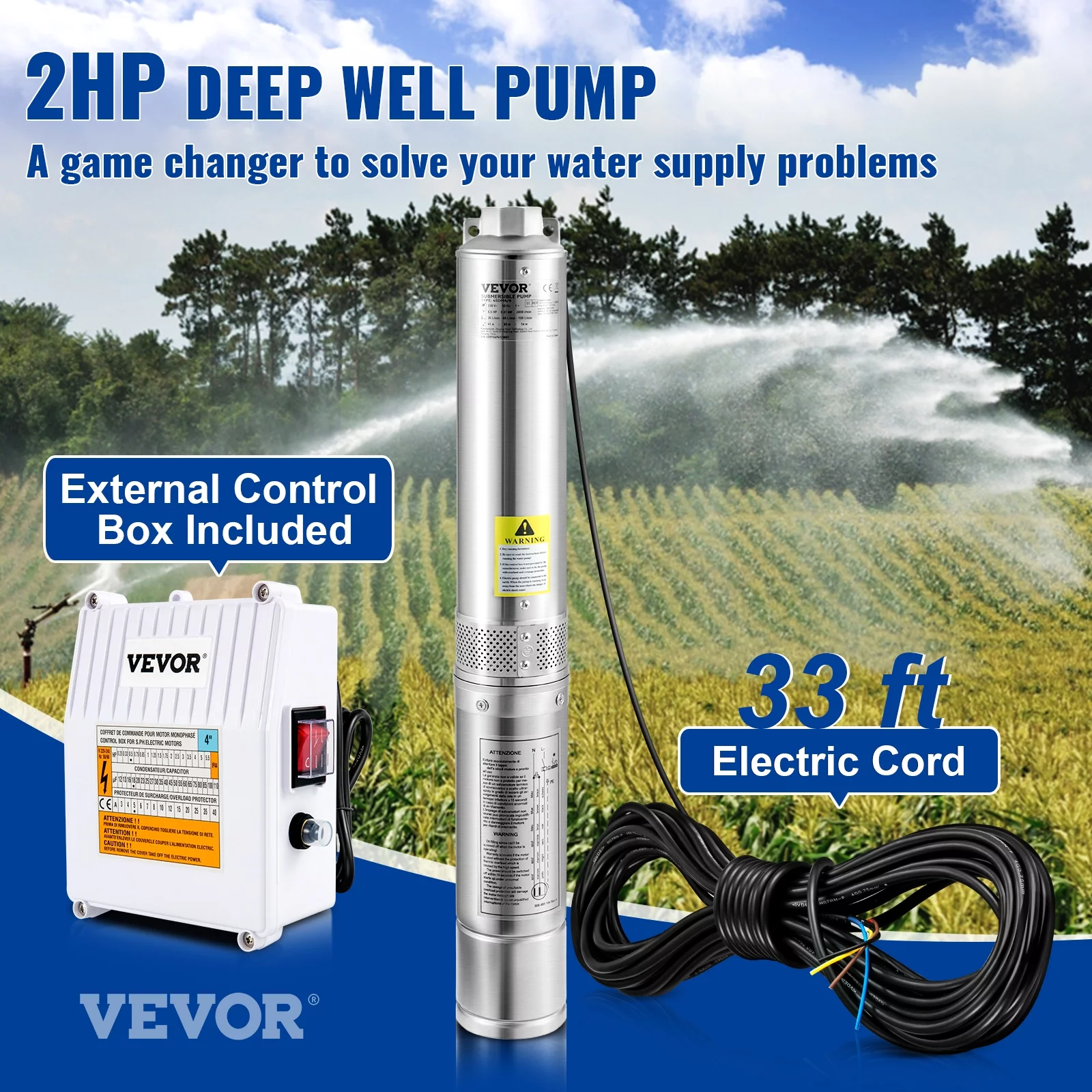 BENTISMDeep Well Submersible Pump, 2HP 230V/60Hz, 37GPM 427 ft Head, with 33 ft Cord & External Control Box