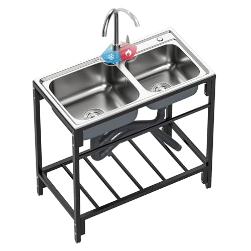 Outdoor Utility Sink Stainless Steel Double Bowl Sink Free Standing Commercial Restaurant Kitchen Sink with Hot and Cold Faucet for Laundry,Garage