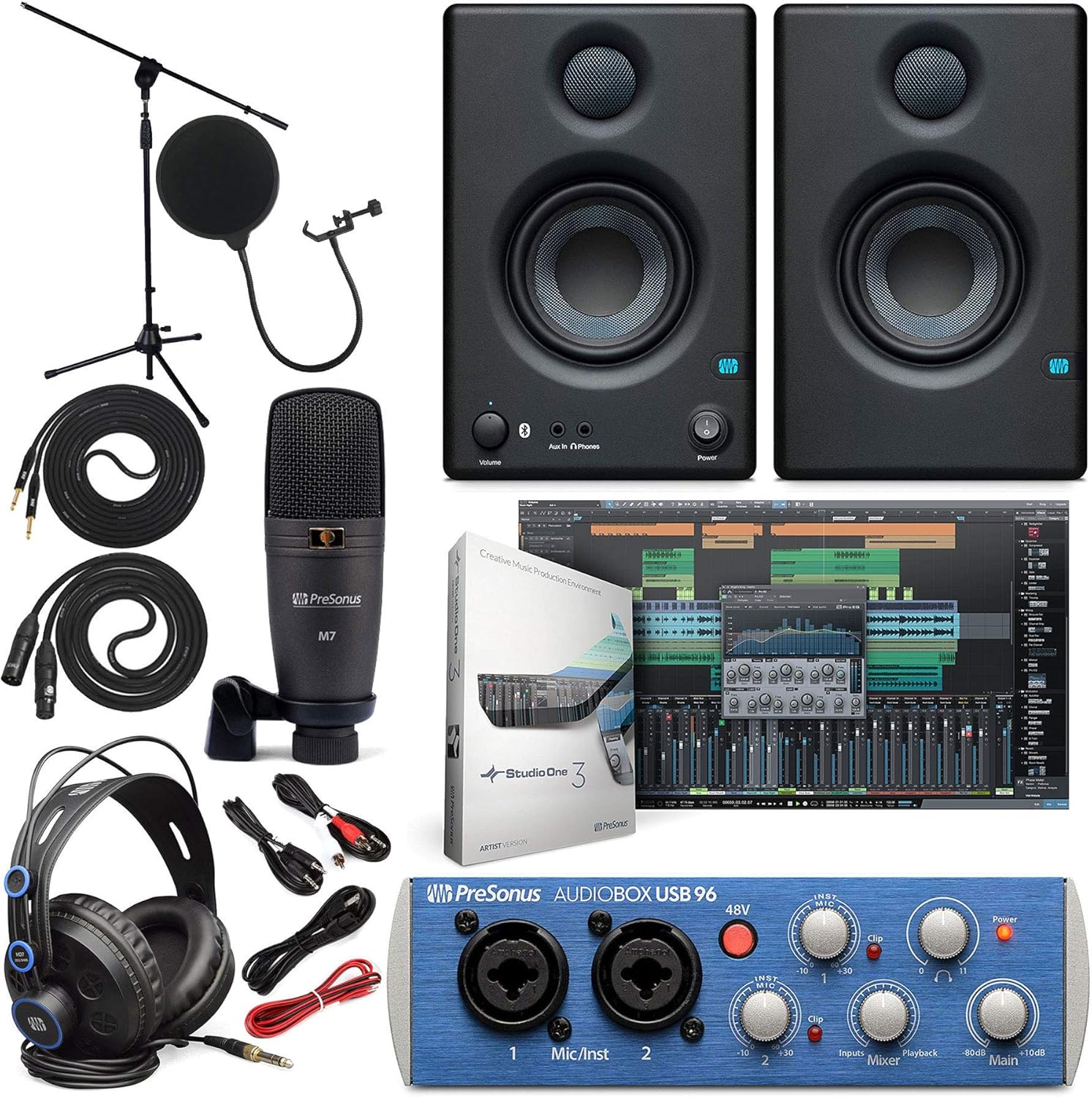 PreSonus AudioBox 96 Audio Interface (May Vary Blue or Black) Full Studio Bundle with Studio One Artist Software Pack with Eris 4.5 BT Pair Studio