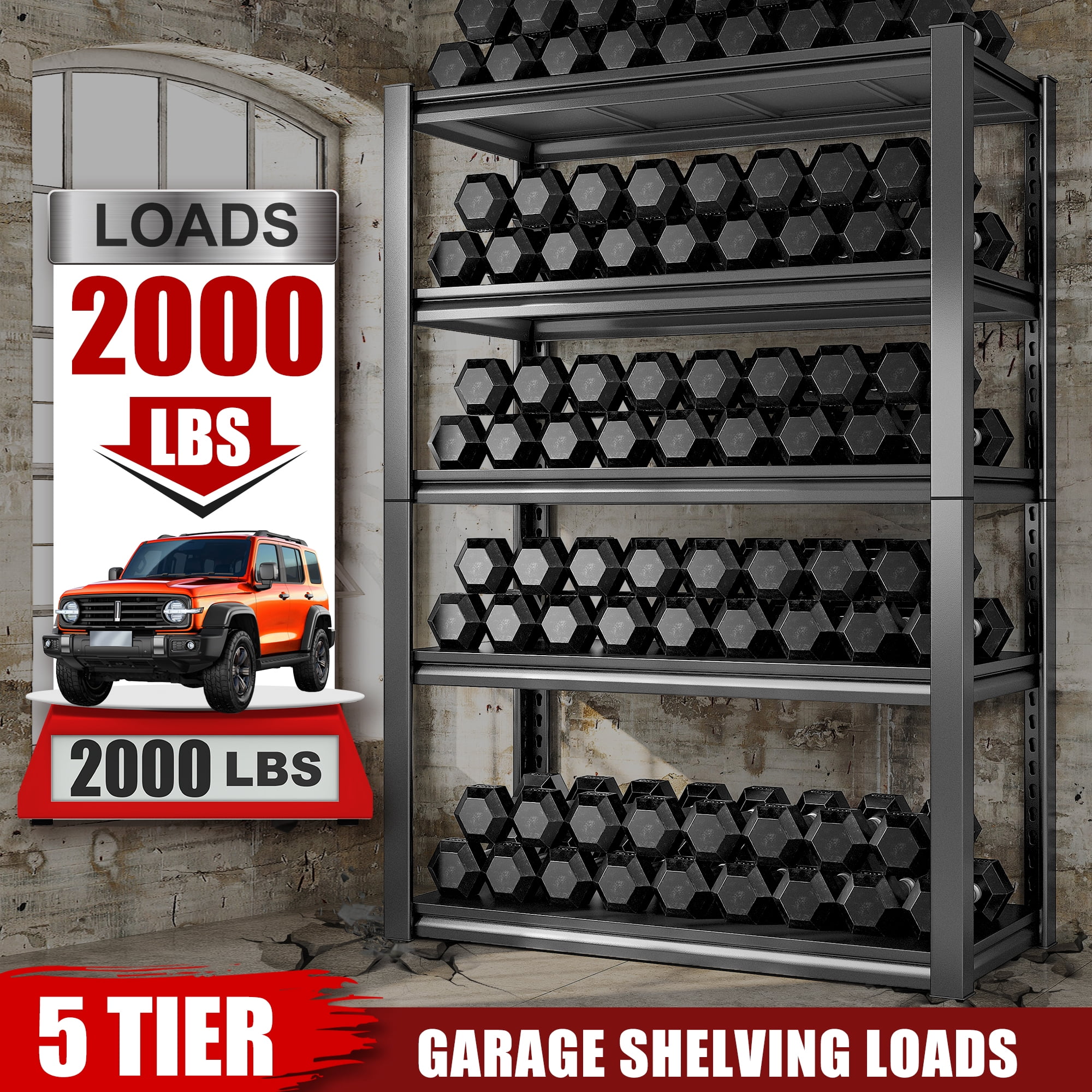 72"H 5-Shelf Garage Shelving Heavy Duty Storage Shelves for Garage Storage 2000Lbs Standing Metal Shelf Rack Adjustable Industial Shelving Unit for