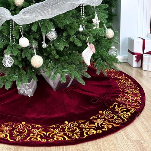 72-Inch Victorian Velvet Christmas Tree Skirt with Gold Damask Embroidery and Plush Lace Ties, Burgundy