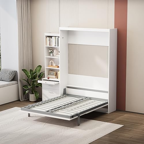 Full Size Murphy Bed with Drawers, Cabinets and USB Ports,Wood Murphy Bed Cabinet Bed Removable Shelves