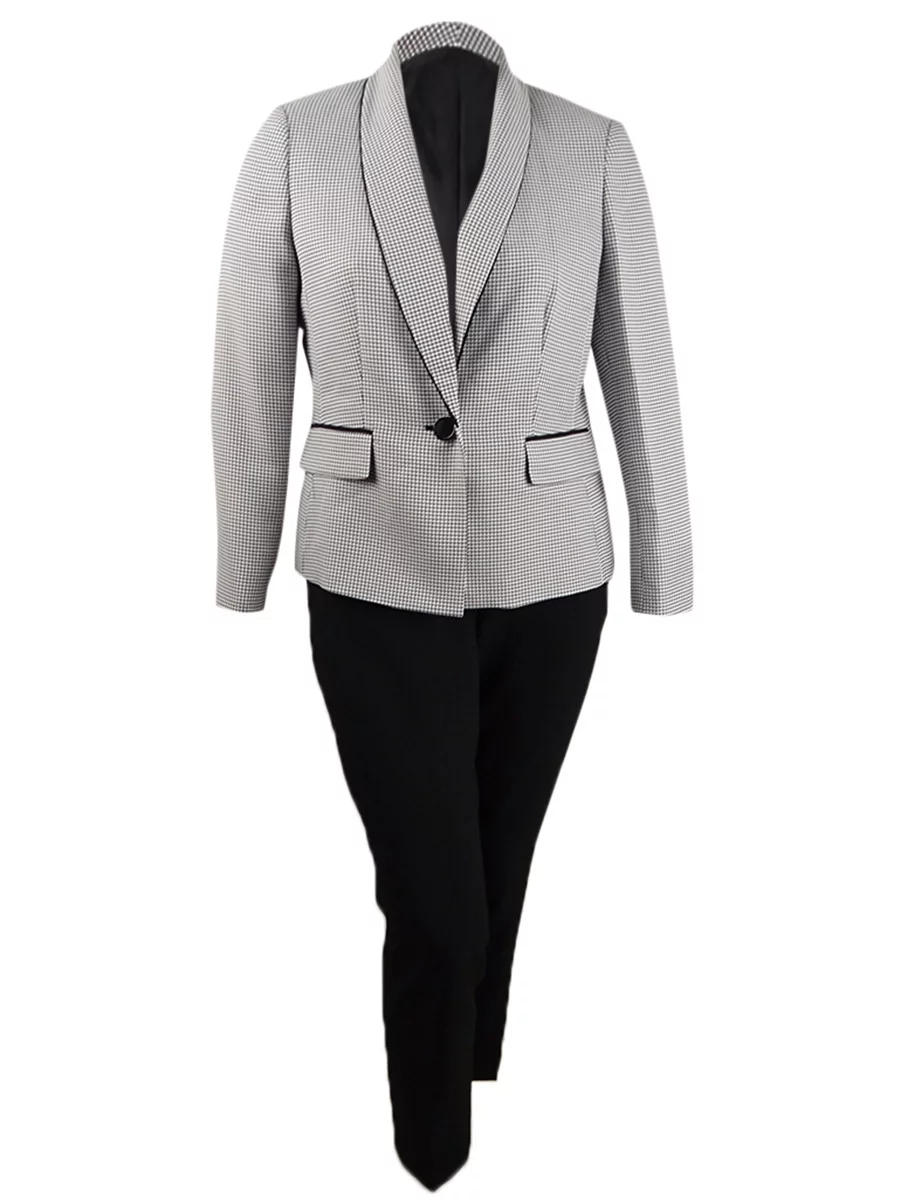 Le Suit Women's Petite Contrast-Jacket Pantsuit (4P, Ivory/Black)
