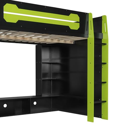 Gaming Bed with Desk,Wardrobe,Ample Storage Space,and RGB LED Light, Full Size Wood Loft Bed for Kids Bedroom (Cloud Blue/K)