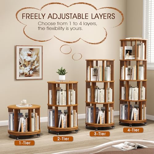 6 Tier Rotating Bookshelf Tower Spinning Bookshelf with Swivel Wheels Book Shelf Rotating Storage Tower for Kids Adult Narrow Walnut Solid Wood