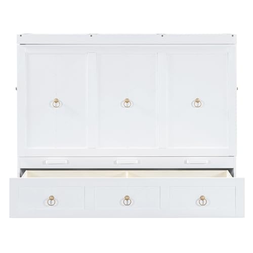 Harper & Bright Designs Full Size Murphy Bed Wall Bed, Solid Pine Murphy Bed Chest Cube Cabinet Bed with USB