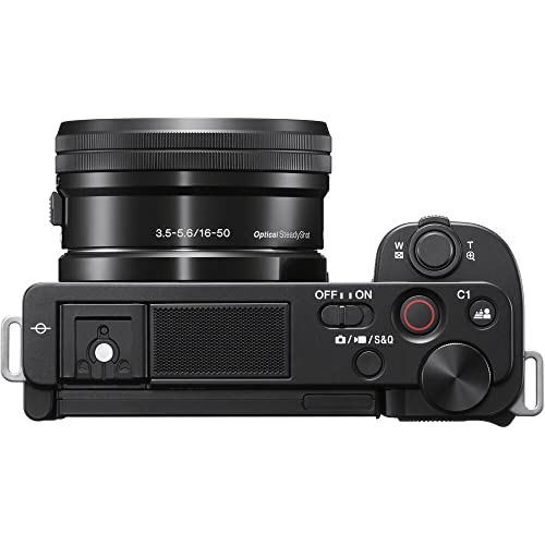 Sony ZV-E10 Mirrorless Camera with 16-50mm Lens (Black) (ILCZV-E10L/B) + 64GB Memory Card + Bag + Card Reader + HDMI Cable + Flex Tripod + Hand Strap