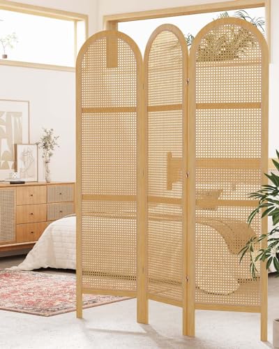 Room Divider and Folding Privacy Screens, Pine Wood 5.6 Ft Double Hinged Rattan Partition Freestanding Wall Room Divider for Home - 3 Panels