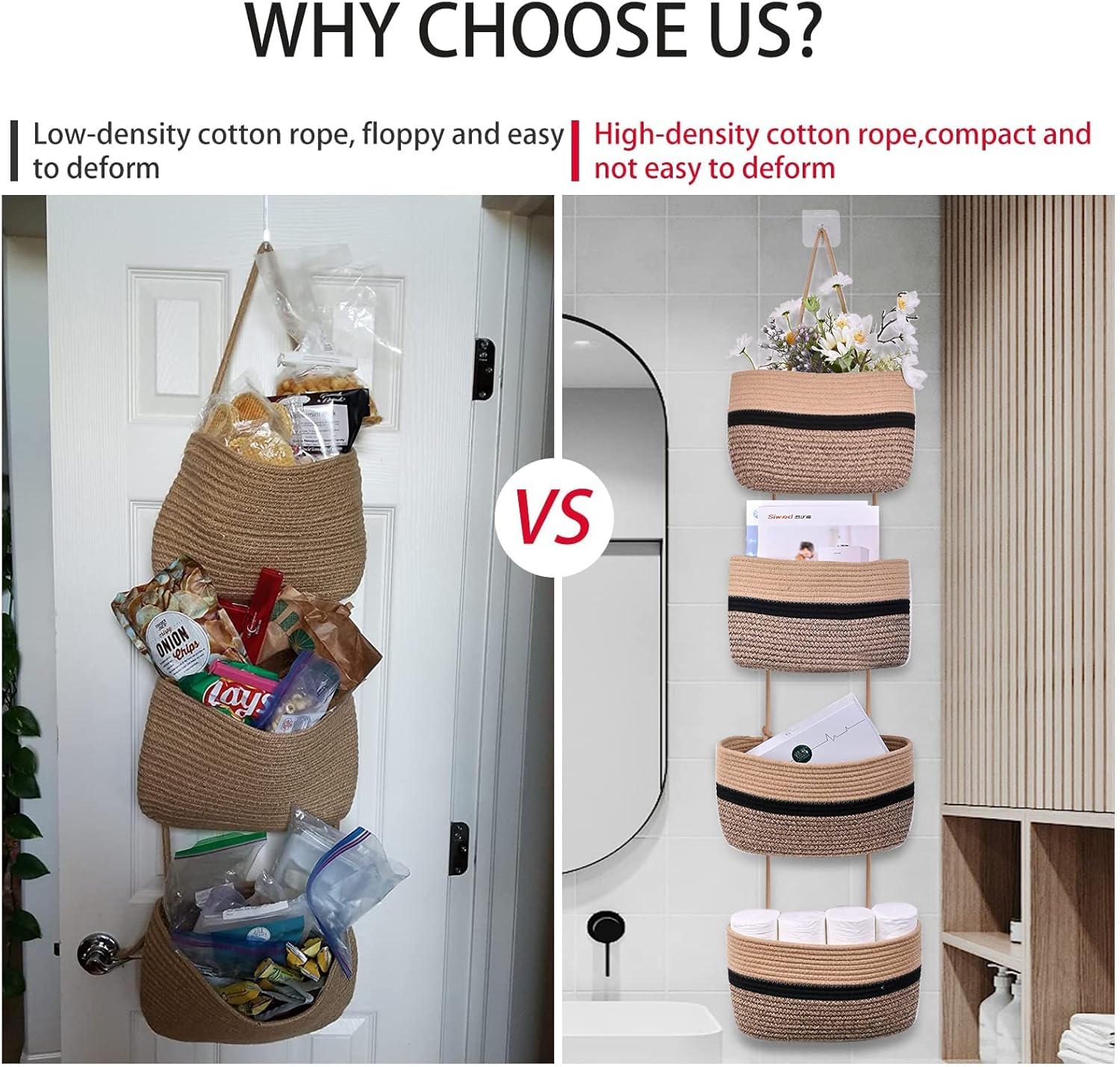 Hanging Baskets for Organizing,Hanging Storage Basket,5 Detachable Over The Door Baskets,Decorative Hanging Wall Basket