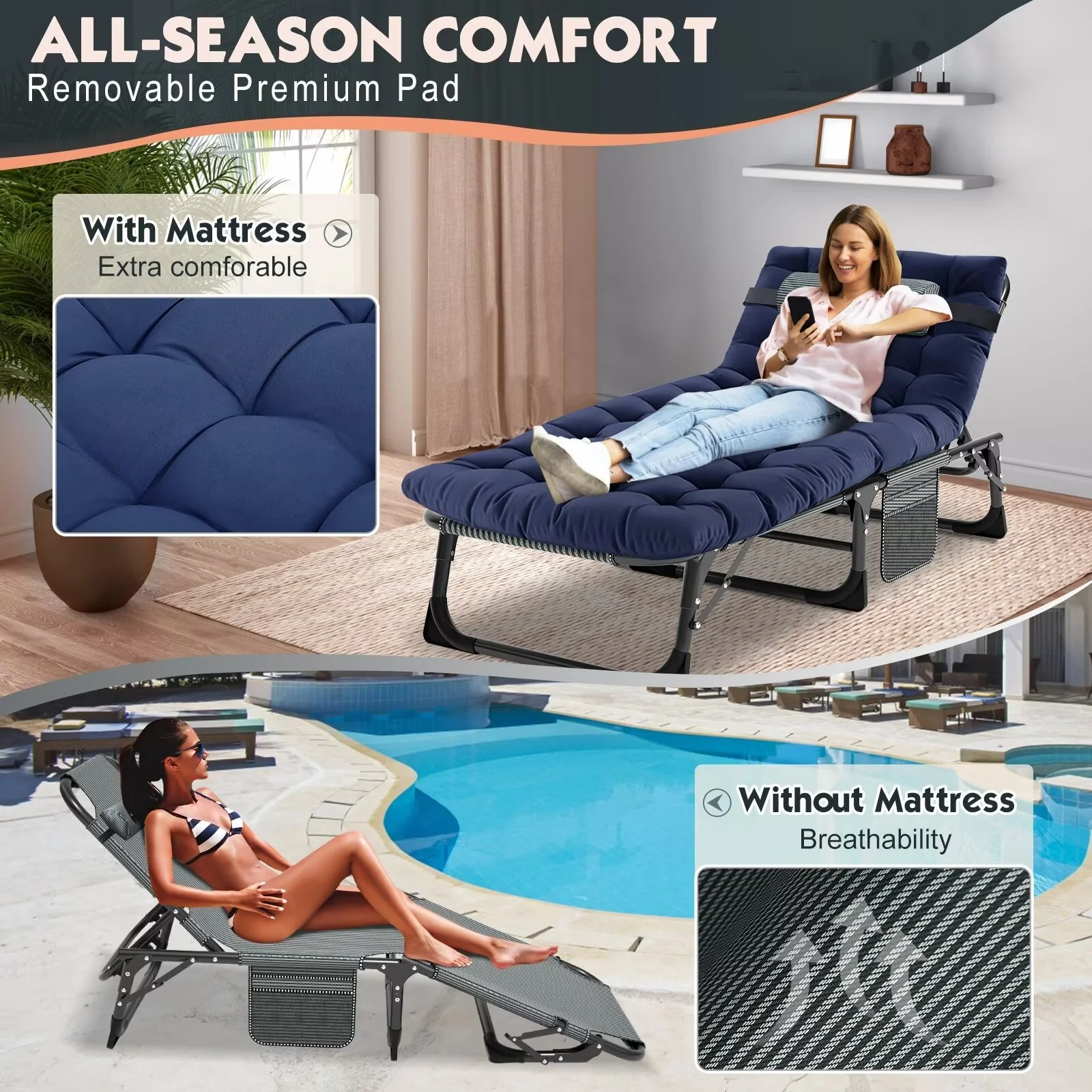 Lilypelle Camping Cot, Adjustable 4-Position Adults Reclining folding Chaise with Pillow, Outdoor portable Lounge Chair Sleeping Cots Bed