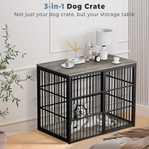 43'' Dog Crate Furniture with 3 Doors, XL Wooden Crate End Table Heavy Duty Indoor Puppy Cage for Medium to Large Dogs, Multiple Units Can be Combined