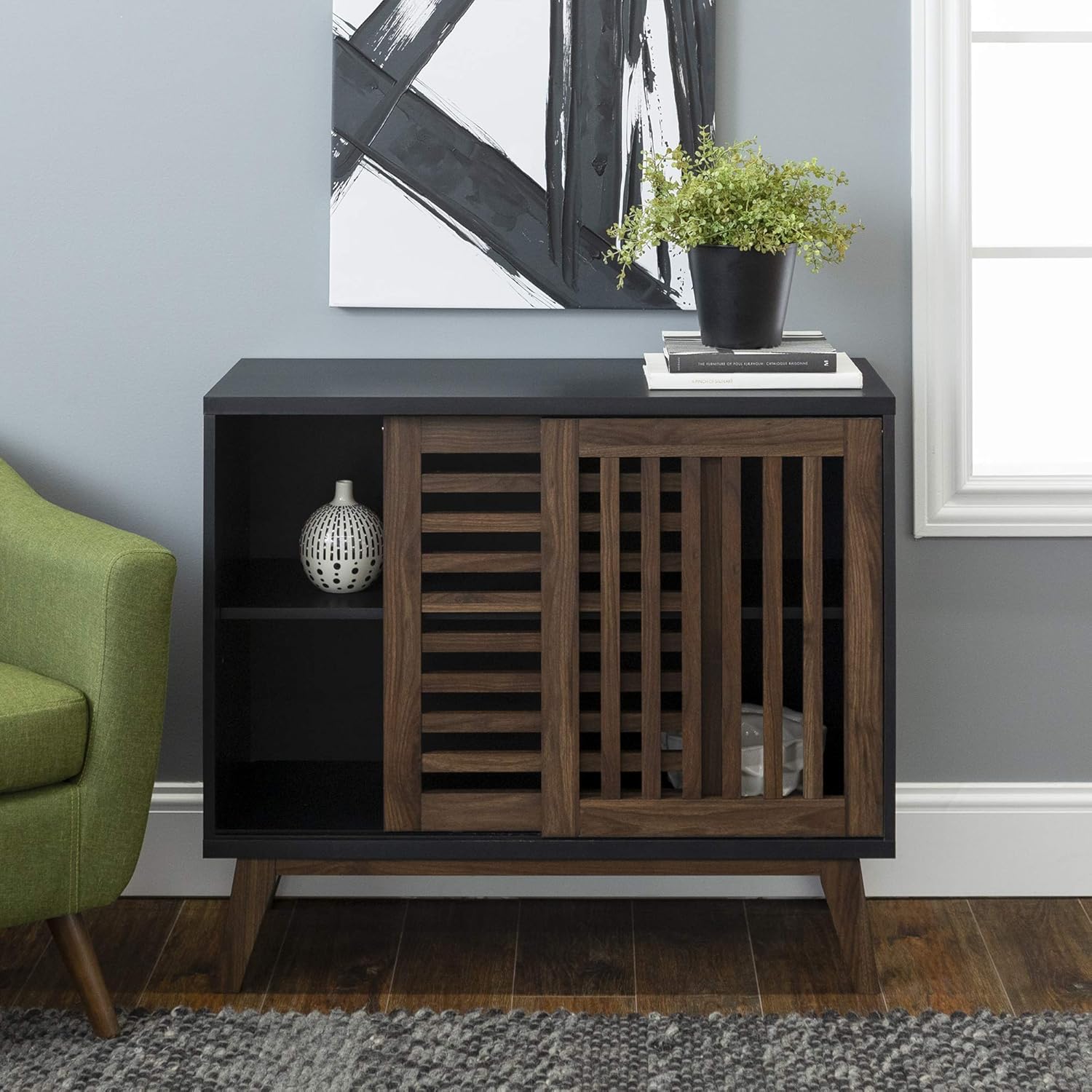 Walker Edison Mid Century Modern Buffet Entryway Cabinet Doors Kitchen Dining Room Storage Living Room, 36 Inch, Black and Dark Walnut
