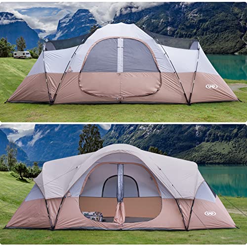 UNP Camping Tent 10-Person-Family Tents, Parties, Music Festival Tent, Big, Easy Up, 5 Large Mesh Windows, Double Layer, 2 Room, Waterproof