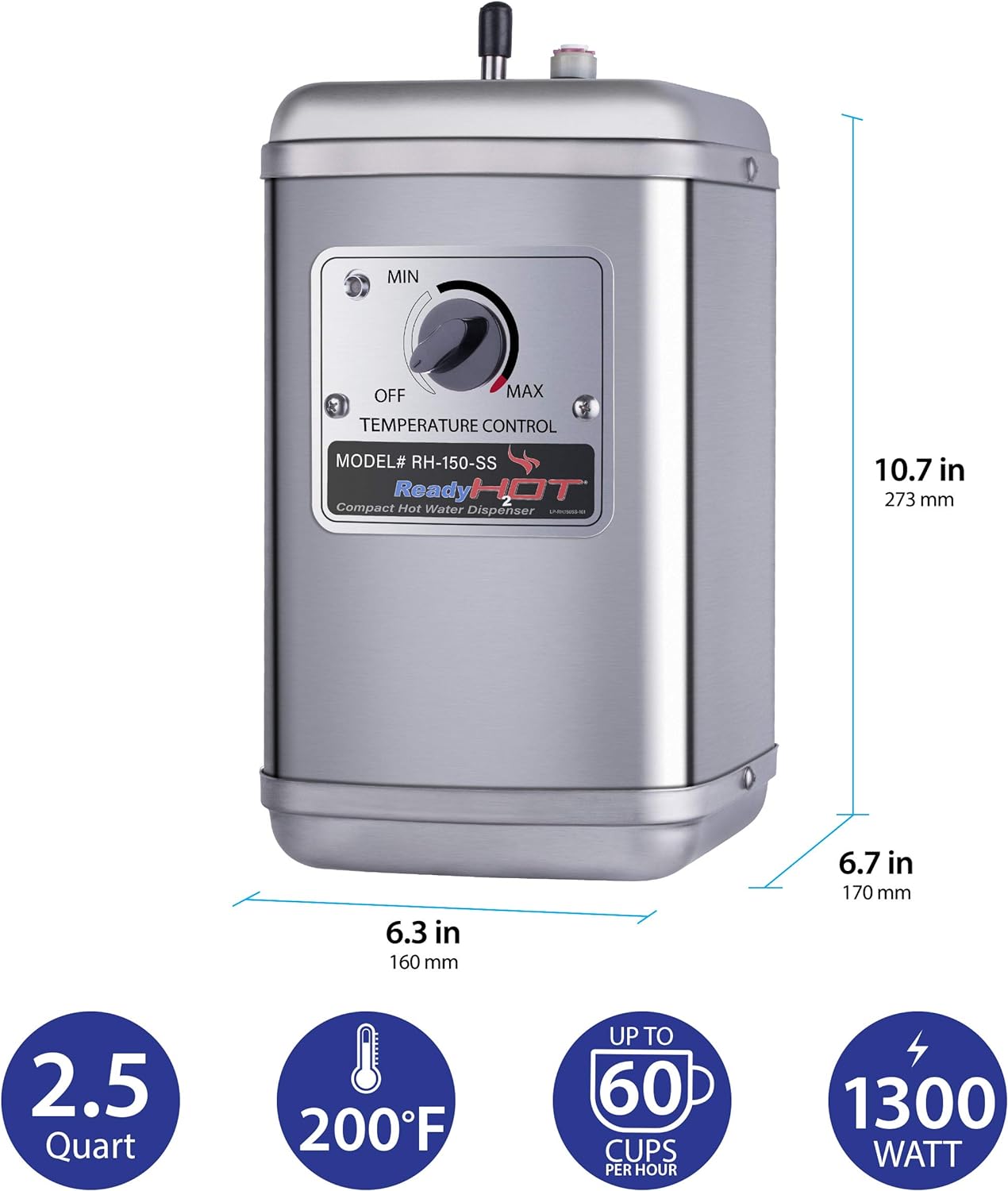 Ready Hot 40-RH-150-SS Compact Water Dispenser, Manual Temperature Control, Reverse Osmosis Compatible, Includes Tank Only, Stainless Steel