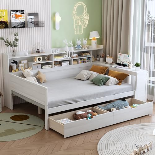 Corner Twin Bed Frame with Bookcase Storage and Desk, Wood Day Beds with 2 Drawers, Twin Size Daybed with Storage for Living Room