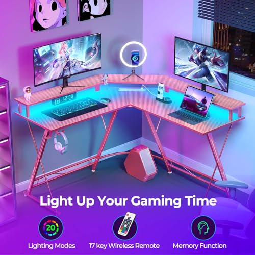 SEVEN WARRIOR Gaming Desk 50.4” with LED Light & Power Outlets, L-Shaped Gaming Desk Carbon Fiber Surface with Monitor Stand