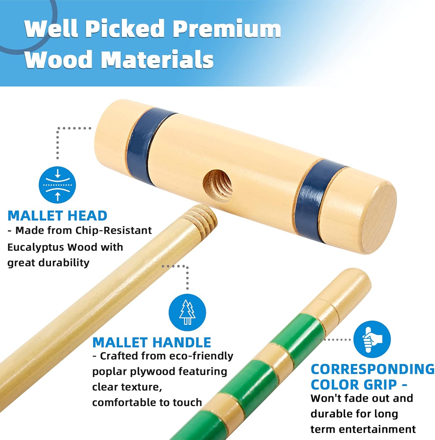 SpeedArmis 8 Players Croquet Set with 28In Pine Wooden Mallets, Colored PE Ball, Wickets, End Stakes