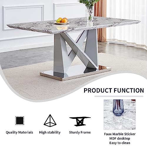 Pvillez 63" Marble Dining Table Set for 6, Modern Dining Room Kitchen Table with 1.57" Faux Marble Top & 6 PU Leather Upholstered Dining Chairs