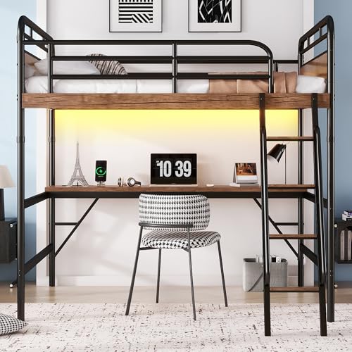 Full Size Loft Bed with Desk and Stairs, Heavy-Duty Steel Loft Bed Frame with Wardrobe & LED Light